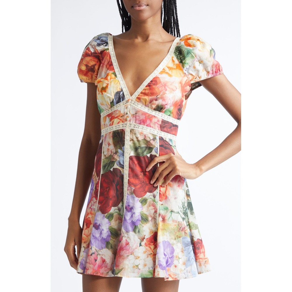 #B39 ALICE + OLIVIA Floral Dress Sz. 10 Multicolor Lace Trim V-Neck Puff Sleeve